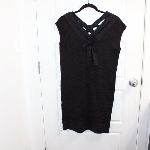 See By Chloe Black V Neck Shift Dress Wool Blend Bow Detail on Back Midi Size 4 - Picture 2 of 4